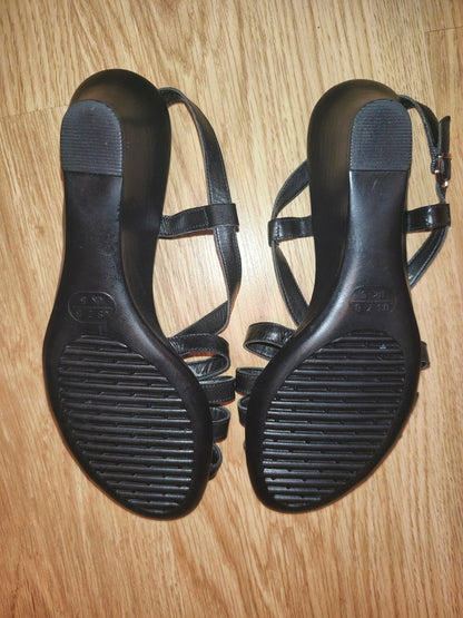 TLC Women's Black Real Leather Strappy Low Wedge Sandals – Size EU 38 / UK 5