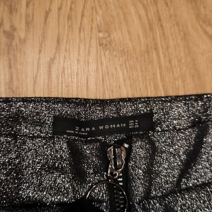 ZARA WOMAN Metallic Silver Sparkle Front Zip Ankle Pants Trousers Women Size M