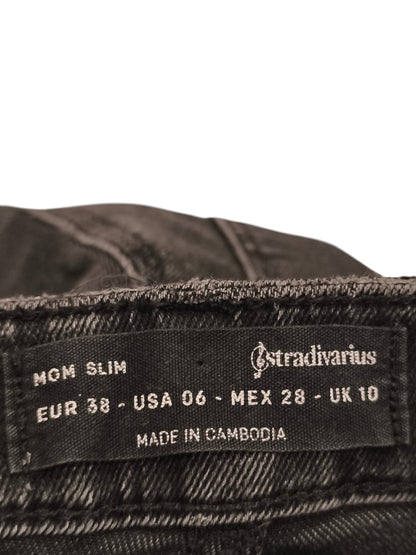 Stradivarius Mom Slim Jeans Black Charcoal Wash High Waist Split Hem Size 6 38 1