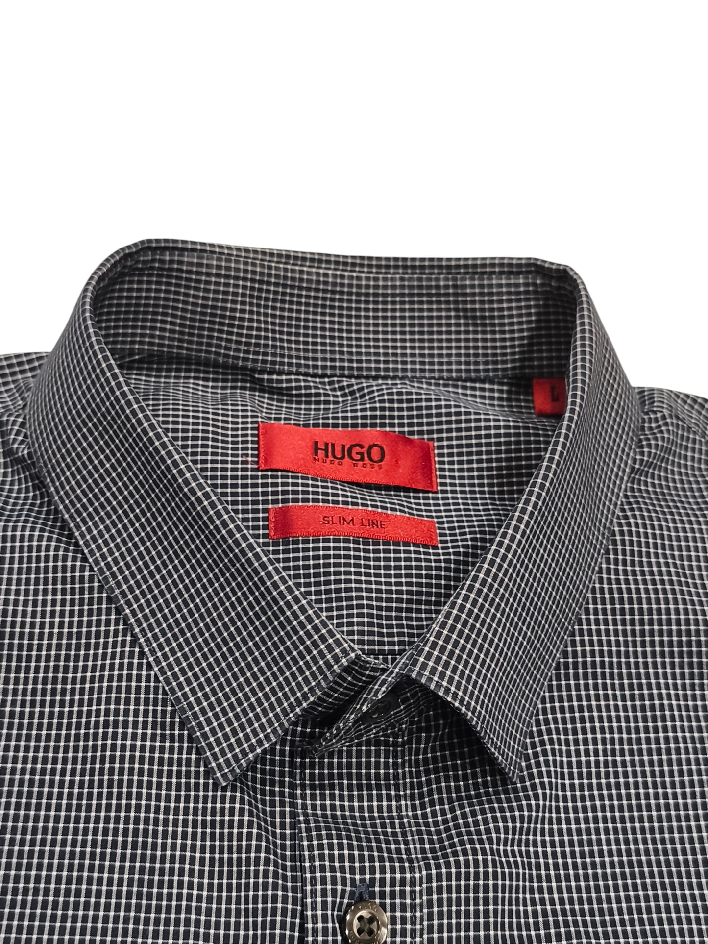 HUGO Hugo Boss Slim Line Men's Shirt L Short Sleeve Micro Check Navy Blue White