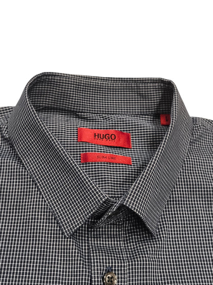 HUGO Hugo Boss Slim Line Men's Shirt L Short Sleeve Micro Check Navy Blue White