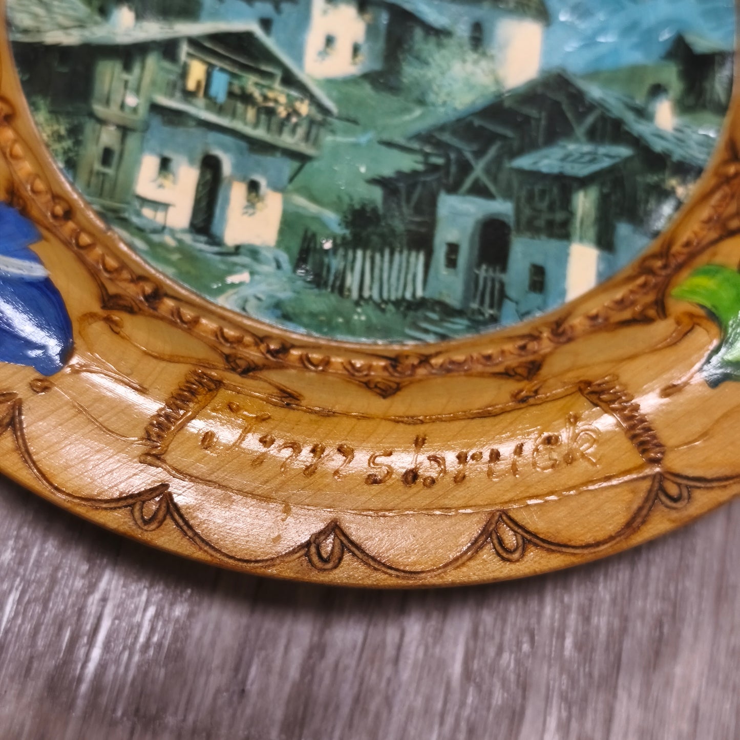 Vintage Hand Painted Wooden Wall Plate Innsbruck Alpine Landscape Flowers