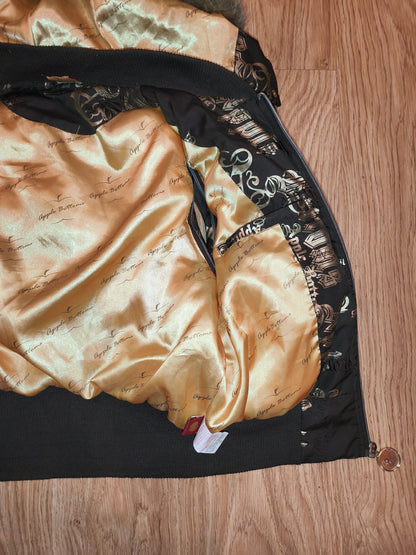 Rare VTG Apple Bottoms Real Down Puffer Vest Black Gold Satin McBling Hooded M