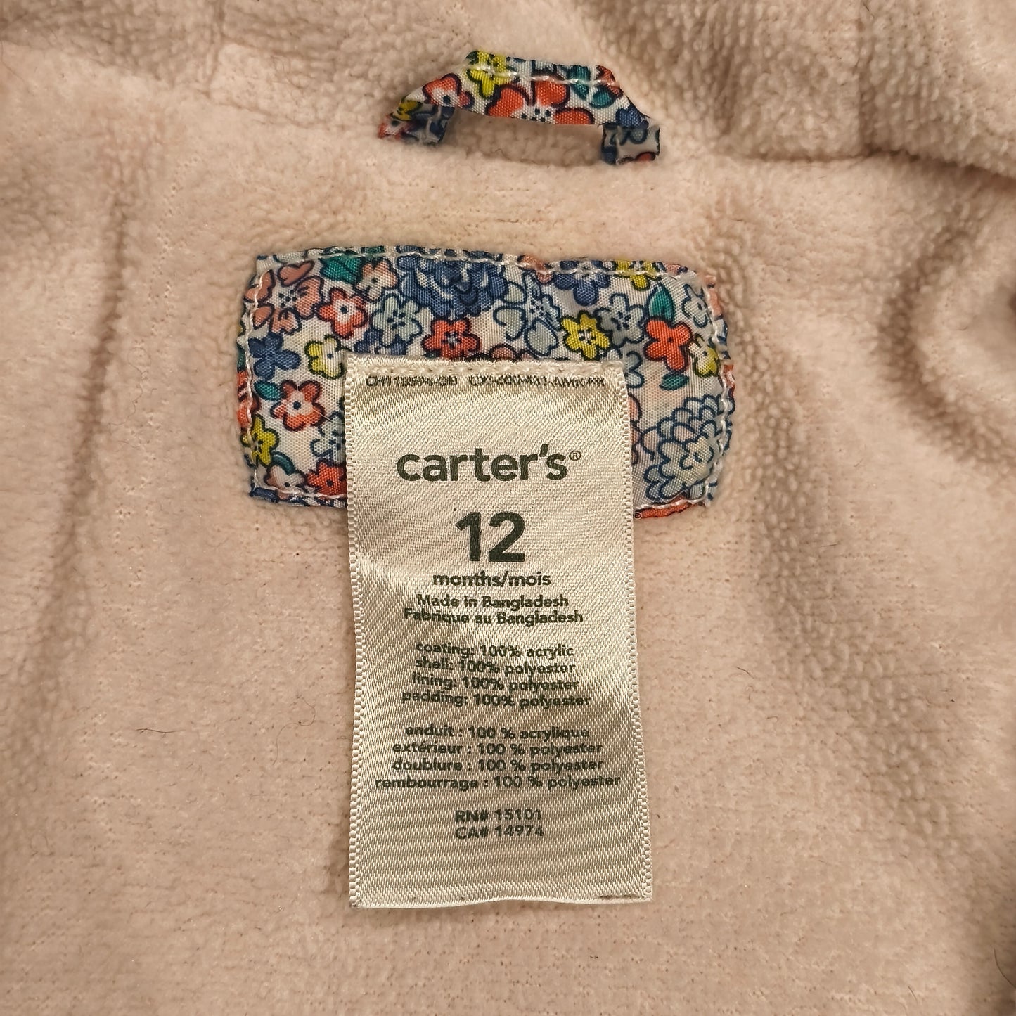 Carter's Baby Girl Fleece-Lined Floral Hooded Jacket Coat - Size 12M