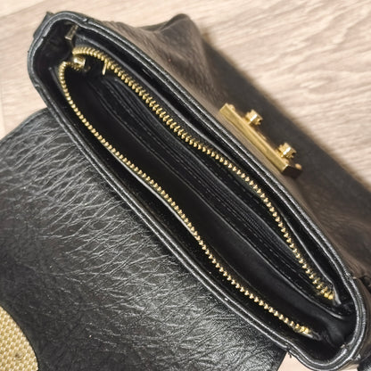 Black Textured Faux Leather Flap Crossbody Shoulder Bag Gold Hardware Lock