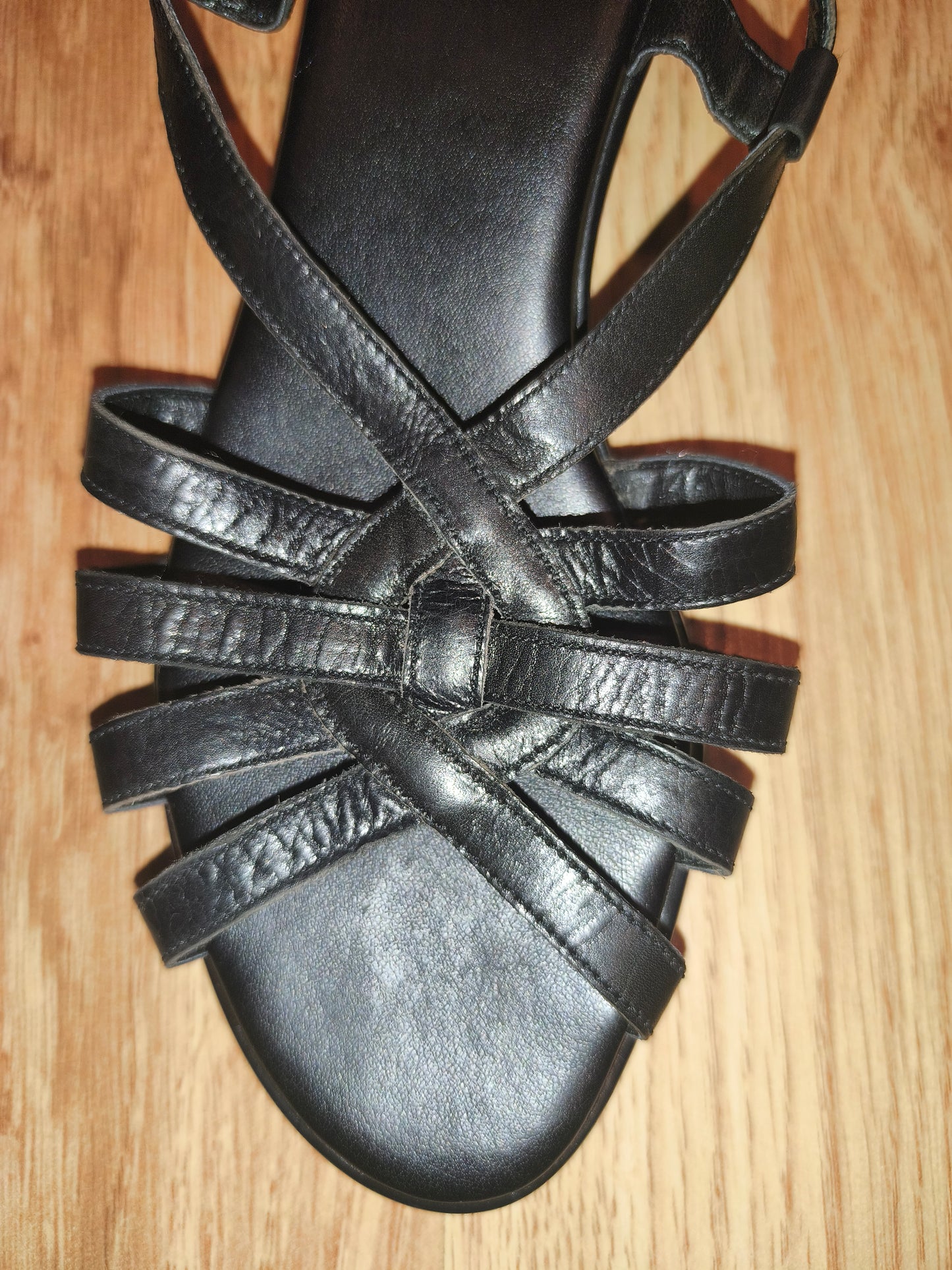 TLC Women's Black Real Leather Strappy Low Wedge Sandals – Size EU 38 / UK 5