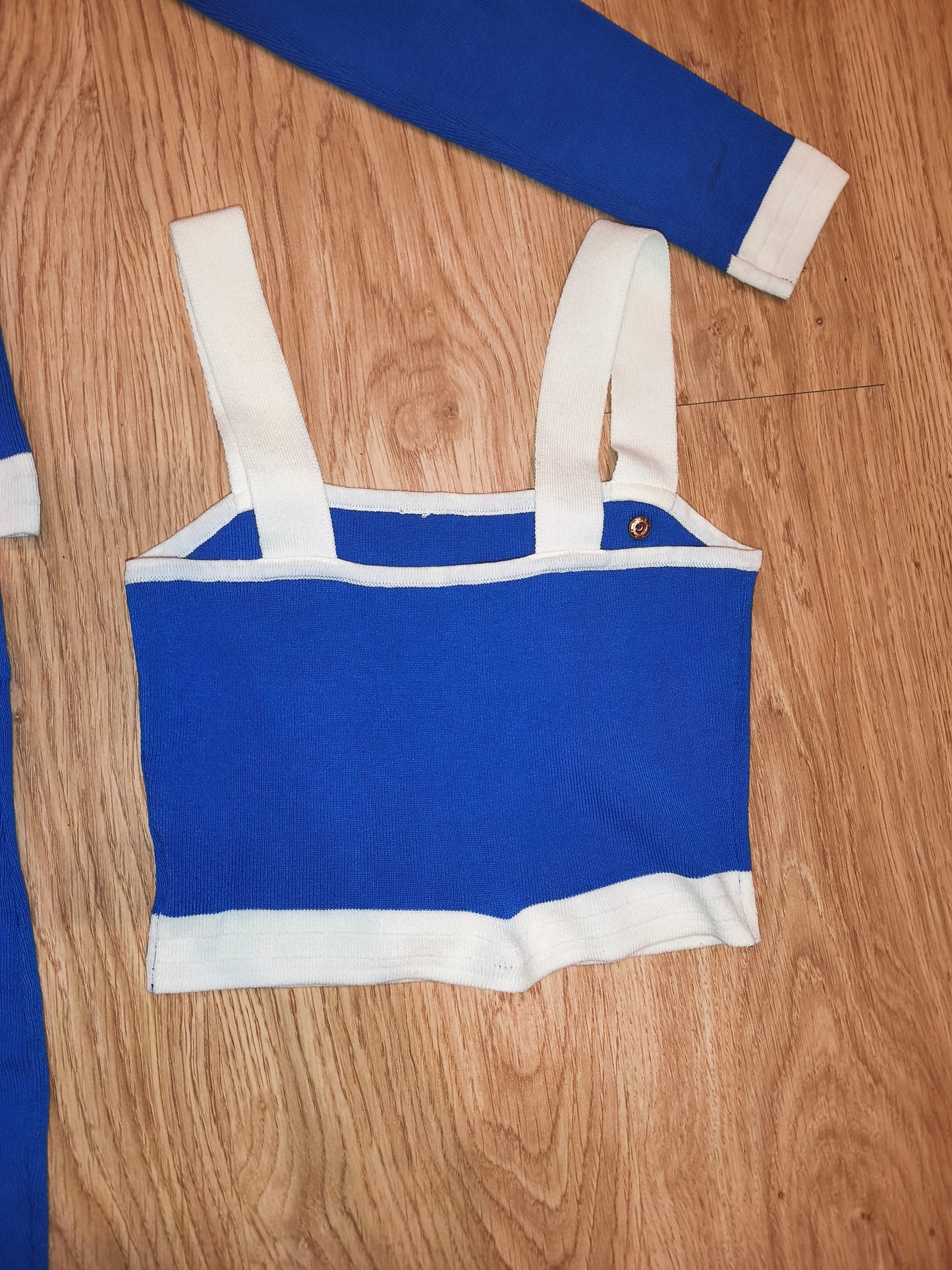 Knit 3 Piece Skirt Set Royal Blue White Cardigan Crop Top Mini Skirt Med/Small