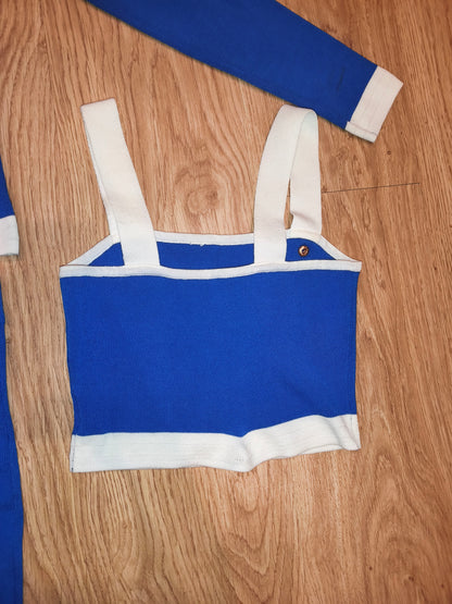 Knit 3 Piece Skirt Set Royal Blue White Cardigan Crop Top Mini Skirt Med/Small