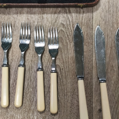 Vintage Sheffield Chrome Plate Cased Fish Cutlery Set 12Pc Faux Bone Knives Fork