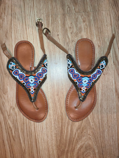Women's Boho Vibrant Beaded Ankle-Strap Flat Sandals – Brown / Multicolor (Size EU 38 / UK 5)