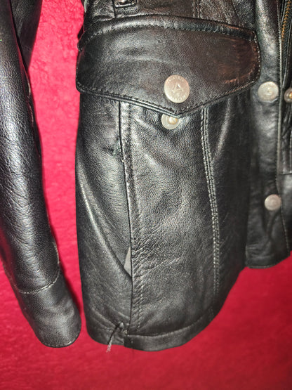 AVIATRIX Genuine Black Leather Belted Utility Jacket Fur Hood | Women's Size XL