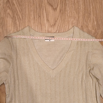 BELOVED WOMAN Gold Metallic Shimmer V-Neck Sweater Size M 3/4 Sleeve Knit Top