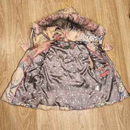 DAITE Womens Hooded Puffer Vest Faux Fur Trim Floral Skull Y2K Size UK 12 EU 38