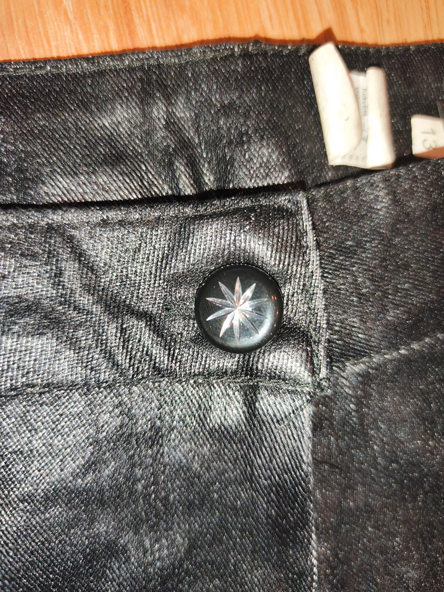 Vintage Y2K Coated Black Zip Pants – Cyber Grunge Punk Waxed Denim (Size 13 / XS-S)