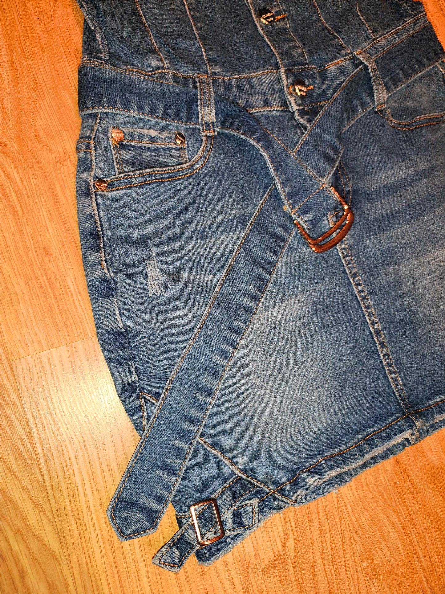 Original Denim Blue Denim Mini Dress – Distressed Detail with Belt, Size M/38