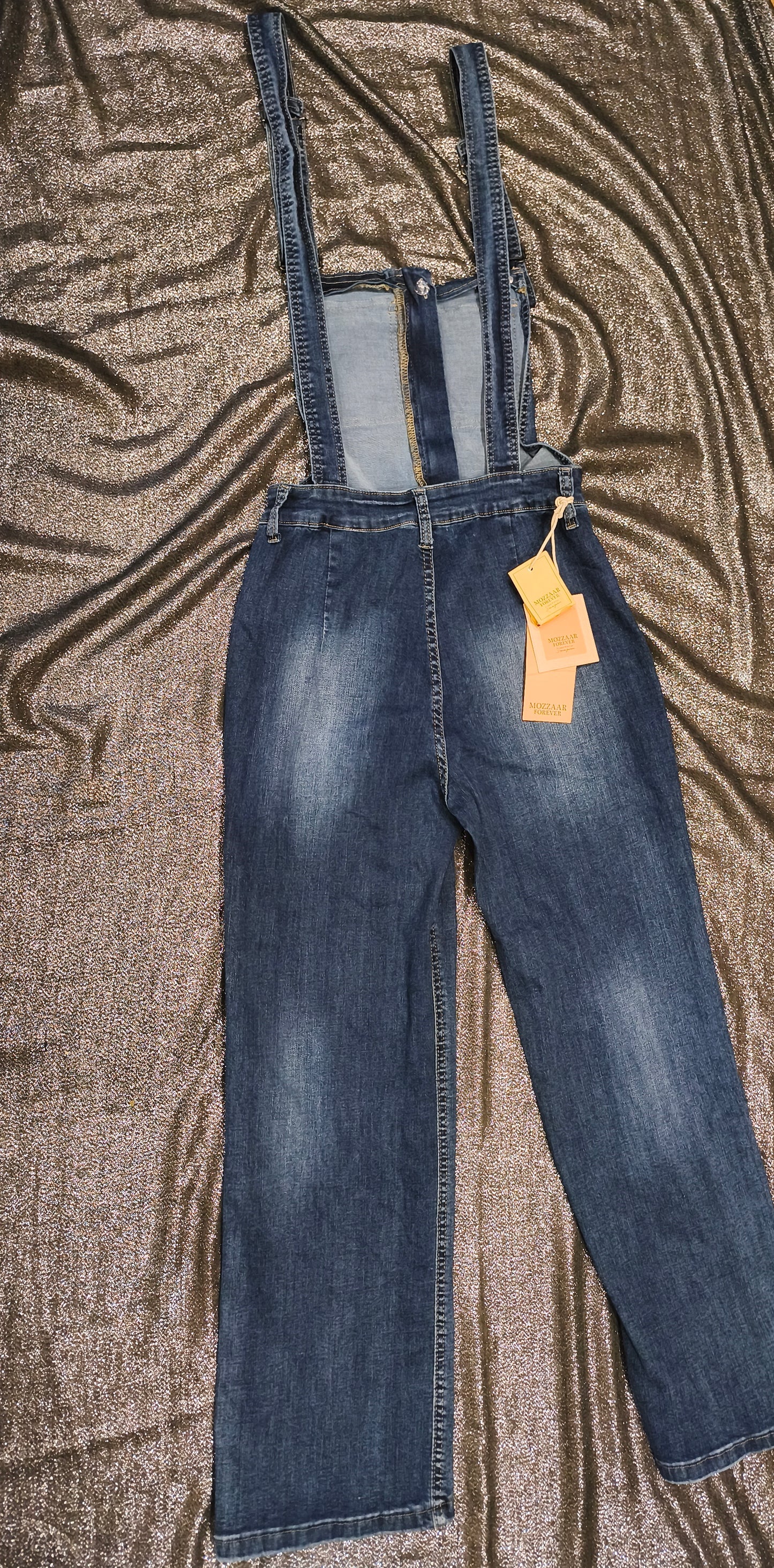 Mozzaar Forever Denim Overalls Jumpsuit Wide Leg Stretch Blue Bib Dungarees NWT
