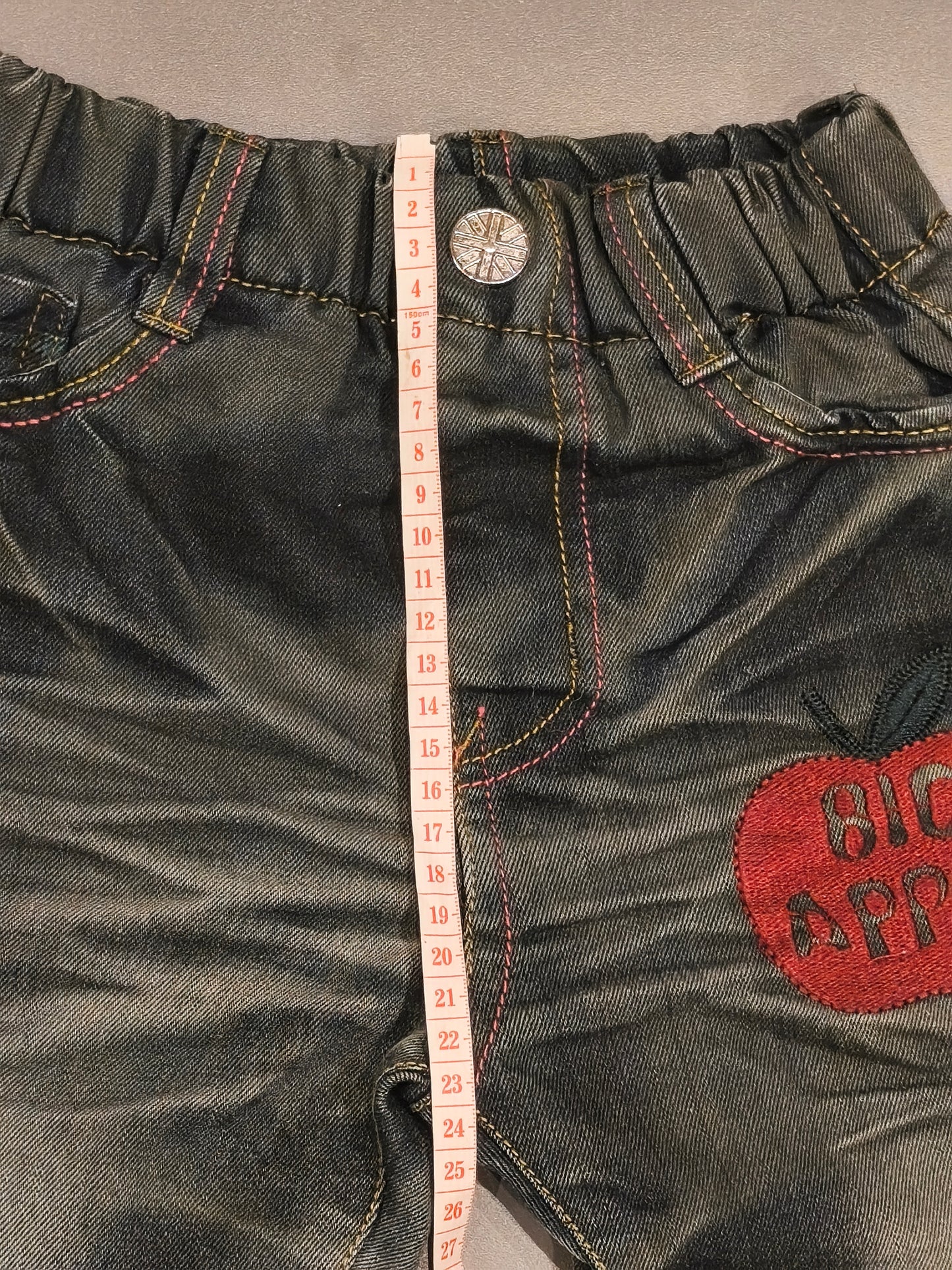 Kids Vintage Style Distressed Acid Wash Jeans with "BIG APPLE" Patch & Contrast Stitching (Tag Size 20)