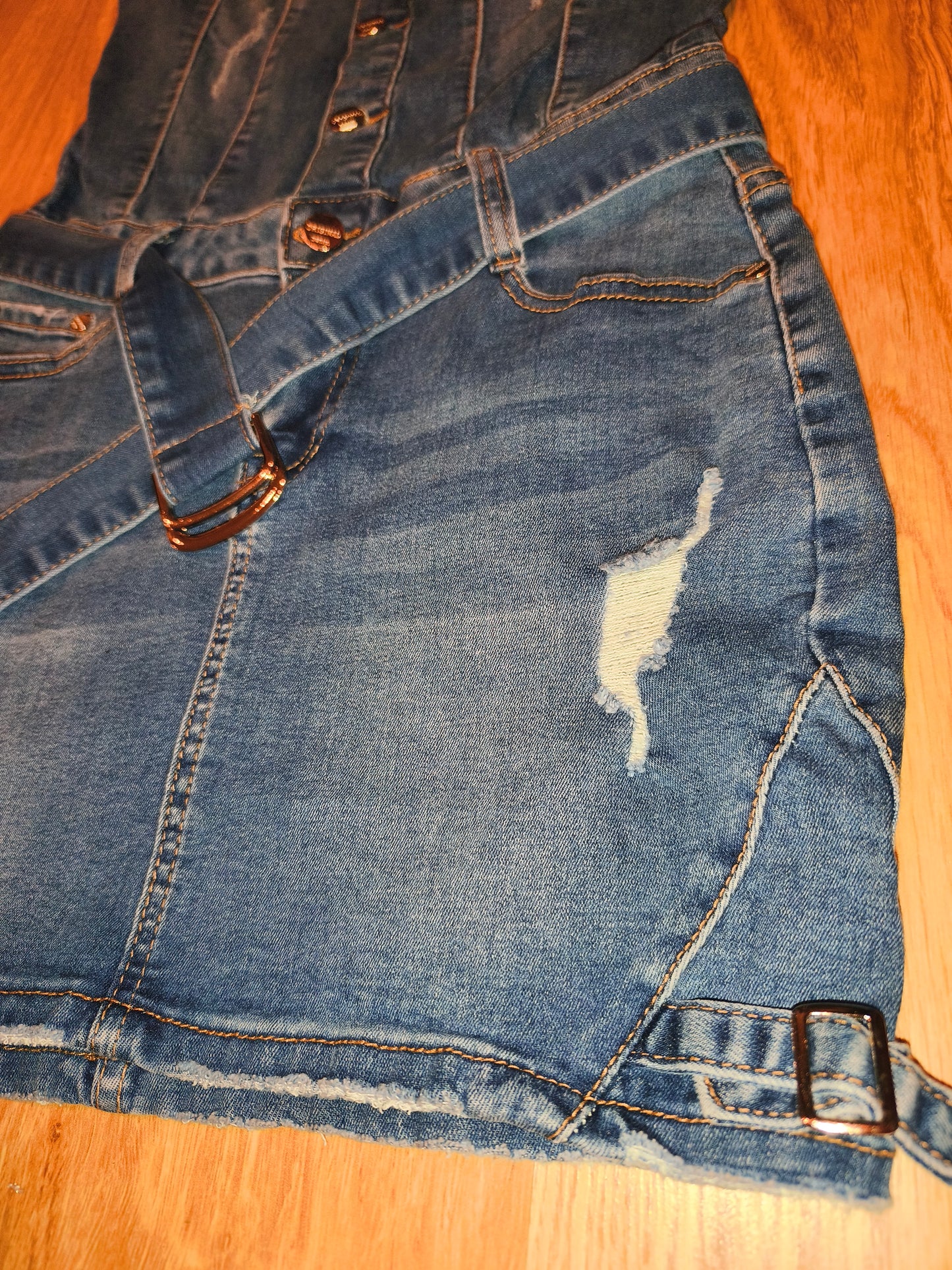 Original Denim Blue Denim Mini Dress – Distressed Detail with Belt, Size M/38