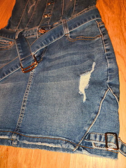 Original Denim Blue Denim Mini Dress – Distressed Detail with Belt, Size M/38