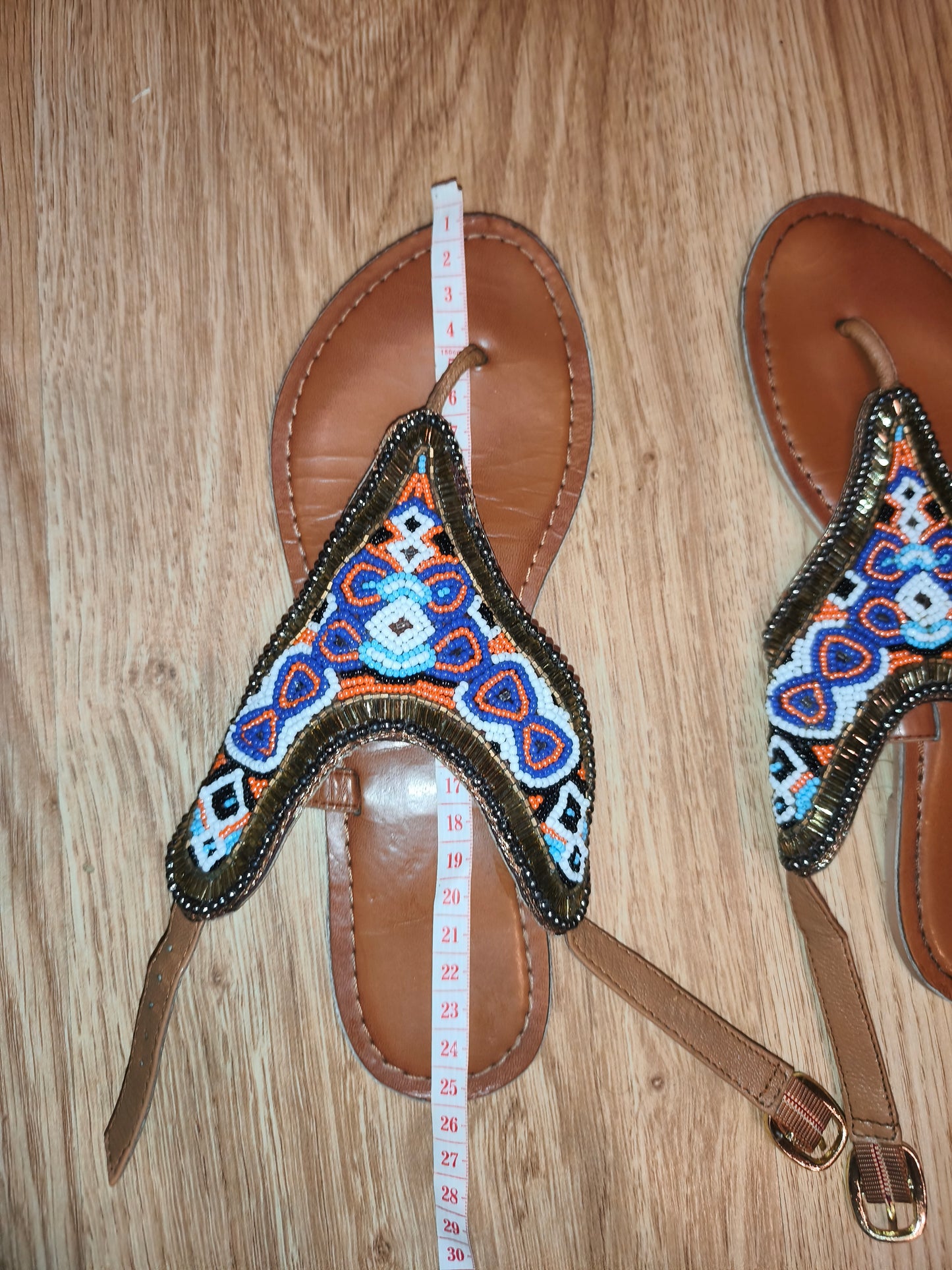 Women's Boho Vibrant Beaded Ankle-Strap Flat Sandals – Brown / Multicolor (Size EU 38 / UK 5)