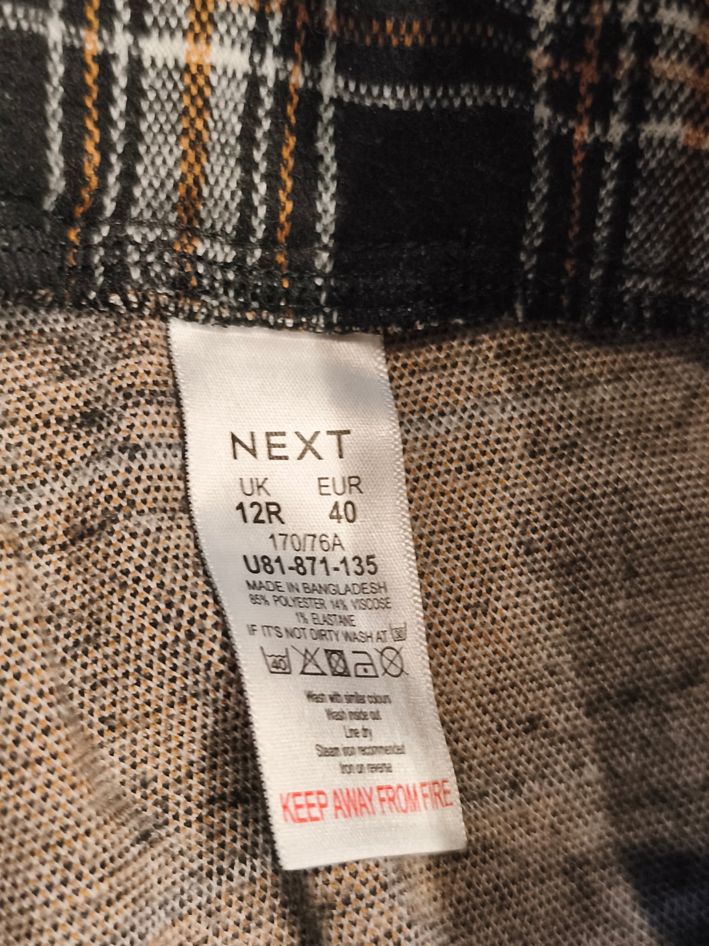 NEXT Women’s Plaid Checked Trousers Size 12R Black Tan White Tapered Zip Detail