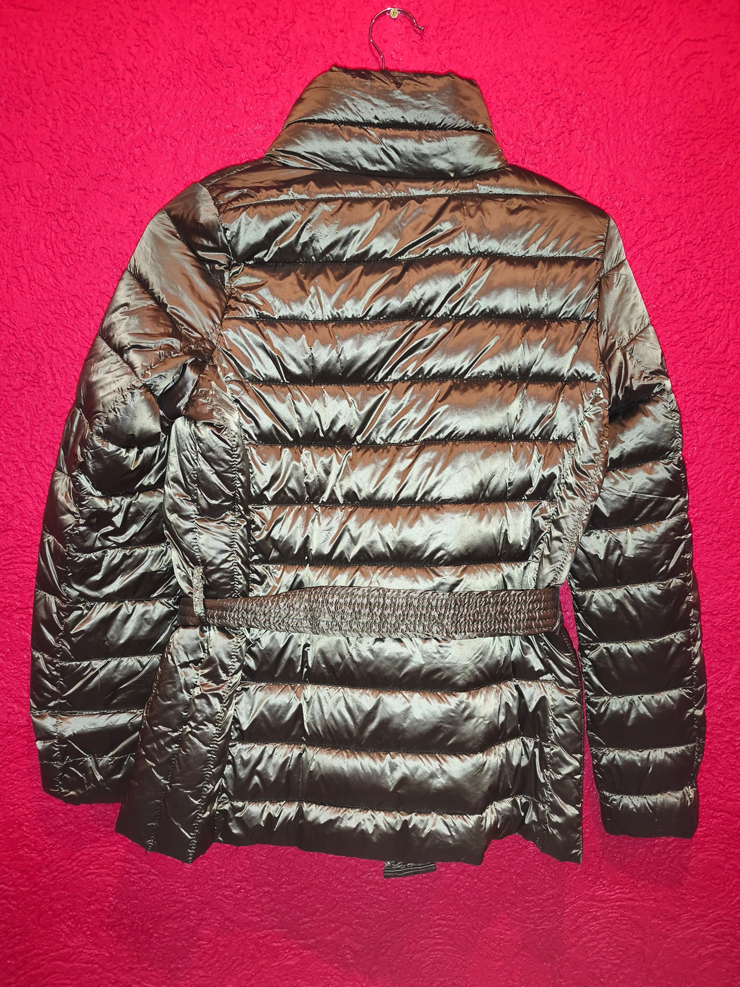Esmara Metallic Olive Green Belted Lightweight Puffer Jacket | NWT S 36/38 (Minor Wear)