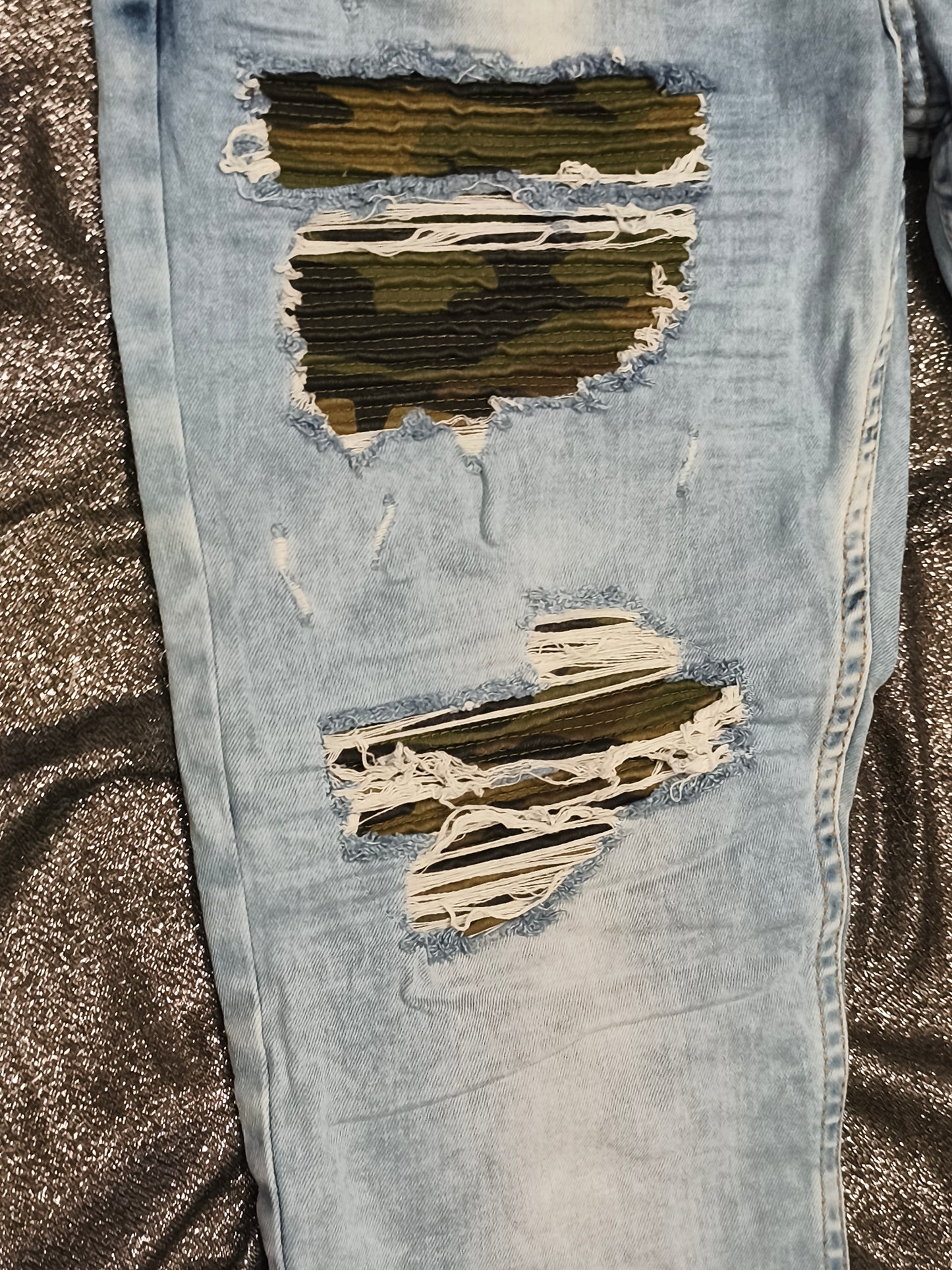 VSCT Jeans DNM Couture Distressed Biker Jeans Light Wash Camo Inlay Mens G31x32