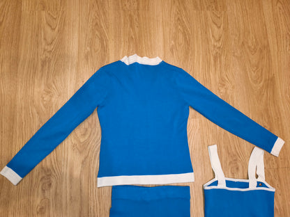 Knit 3 Piece Skirt Set Royal Blue White Cardigan Crop Top Mini Skirt Med/Small
