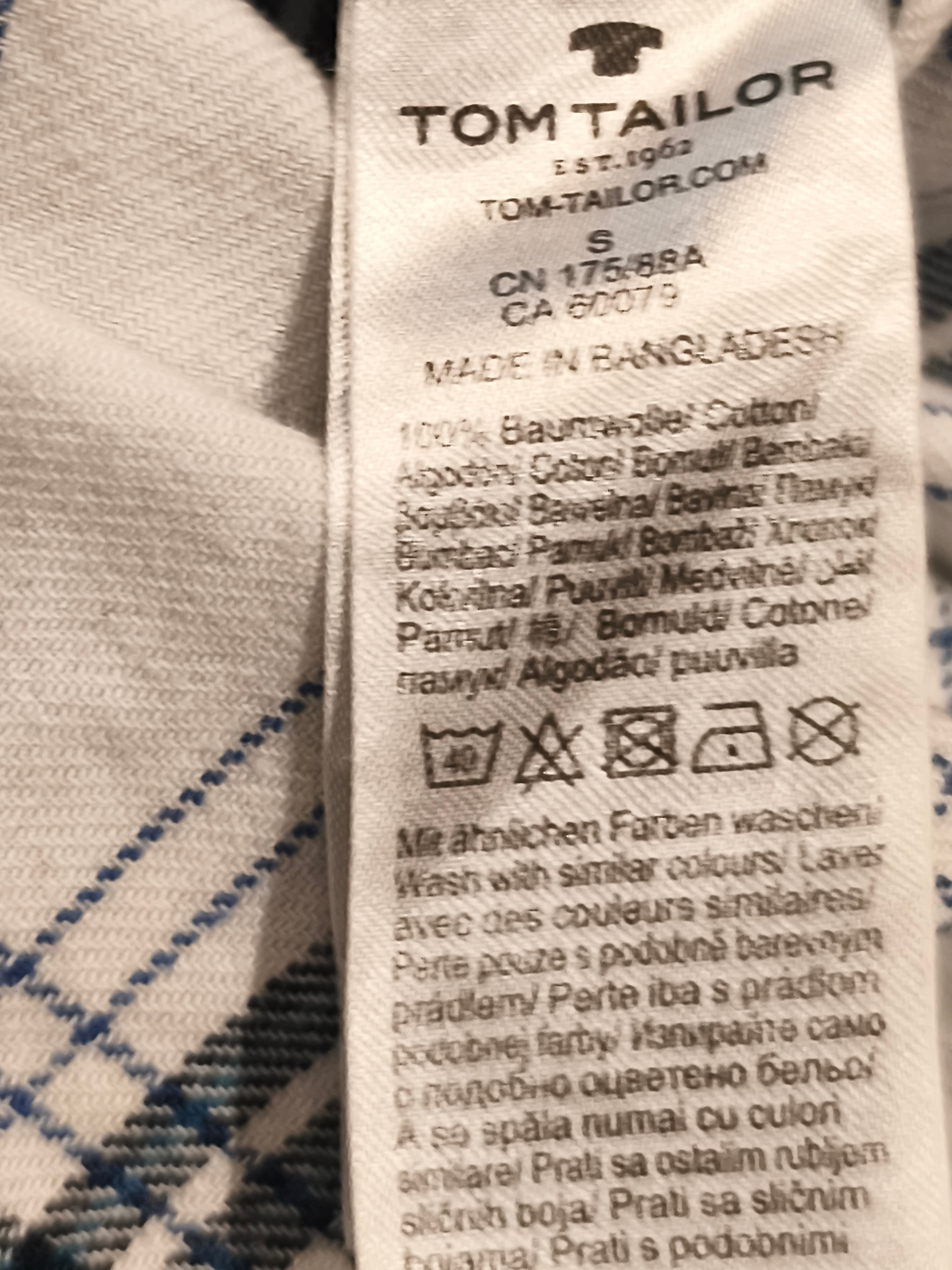 Tom Tailor Men's Flannel Shirt Size S Regular Fit White Blue Plaid Long Sleeve