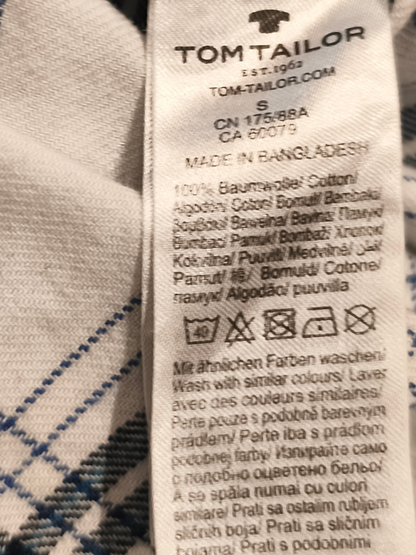Tom Tailor Men's Flannel Shirt Size S Regular Fit White Blue Plaid Long Sleeve