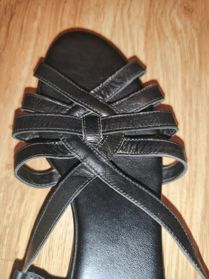 TLC Women's Black Real Leather Strappy Low Wedge Sandals – Size EU 38 / UK 5