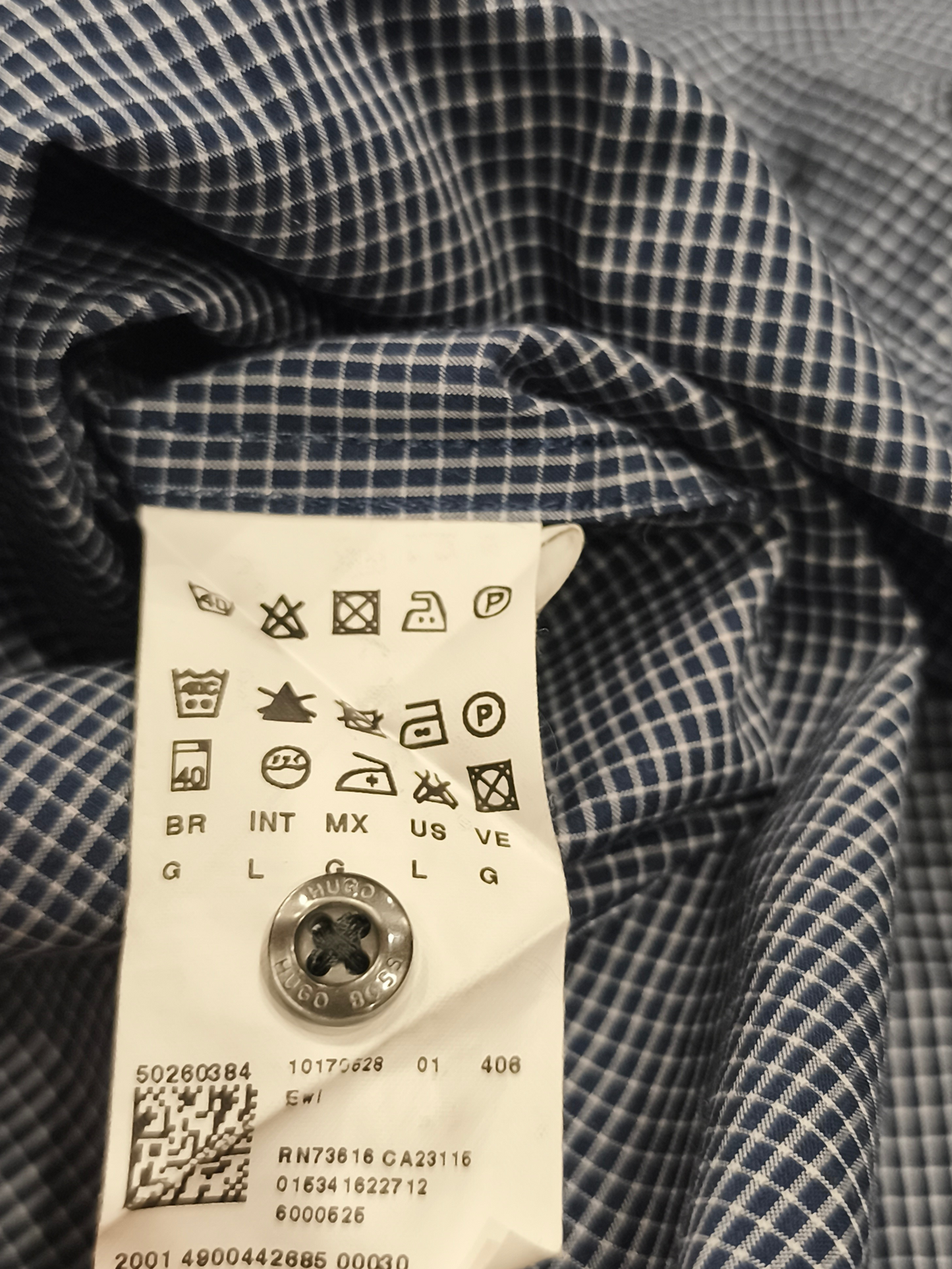 HUGO Hugo Boss Slim Line Men's Shirt L Short Sleeve Micro Check Navy Blue White