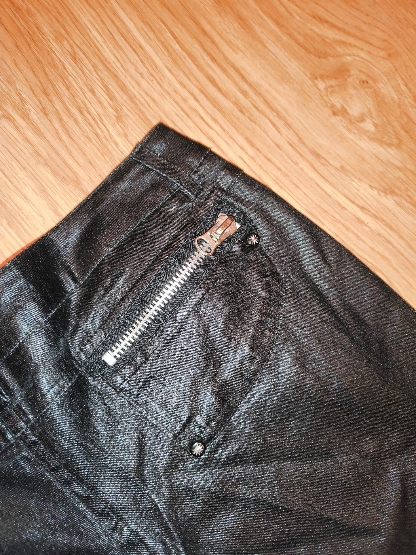 Vintage Y2K Coated Black Zip Pants – Cyber Grunge Punk Waxed Denim (Size 13 / XS-S)