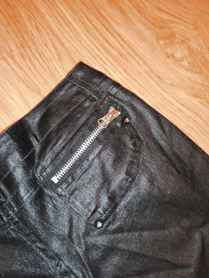 Vintage Y2K Coated Black Zip Pants – Cyber Grunge Punk Waxed Denim (Size 13 / XS-S)