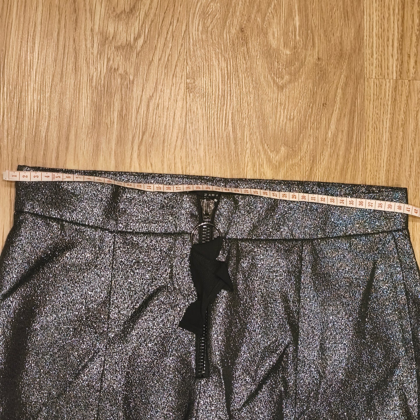 ZARA WOMAN Metallic Silver Sparkle Front Zip Ankle Pants Trousers Women Size M