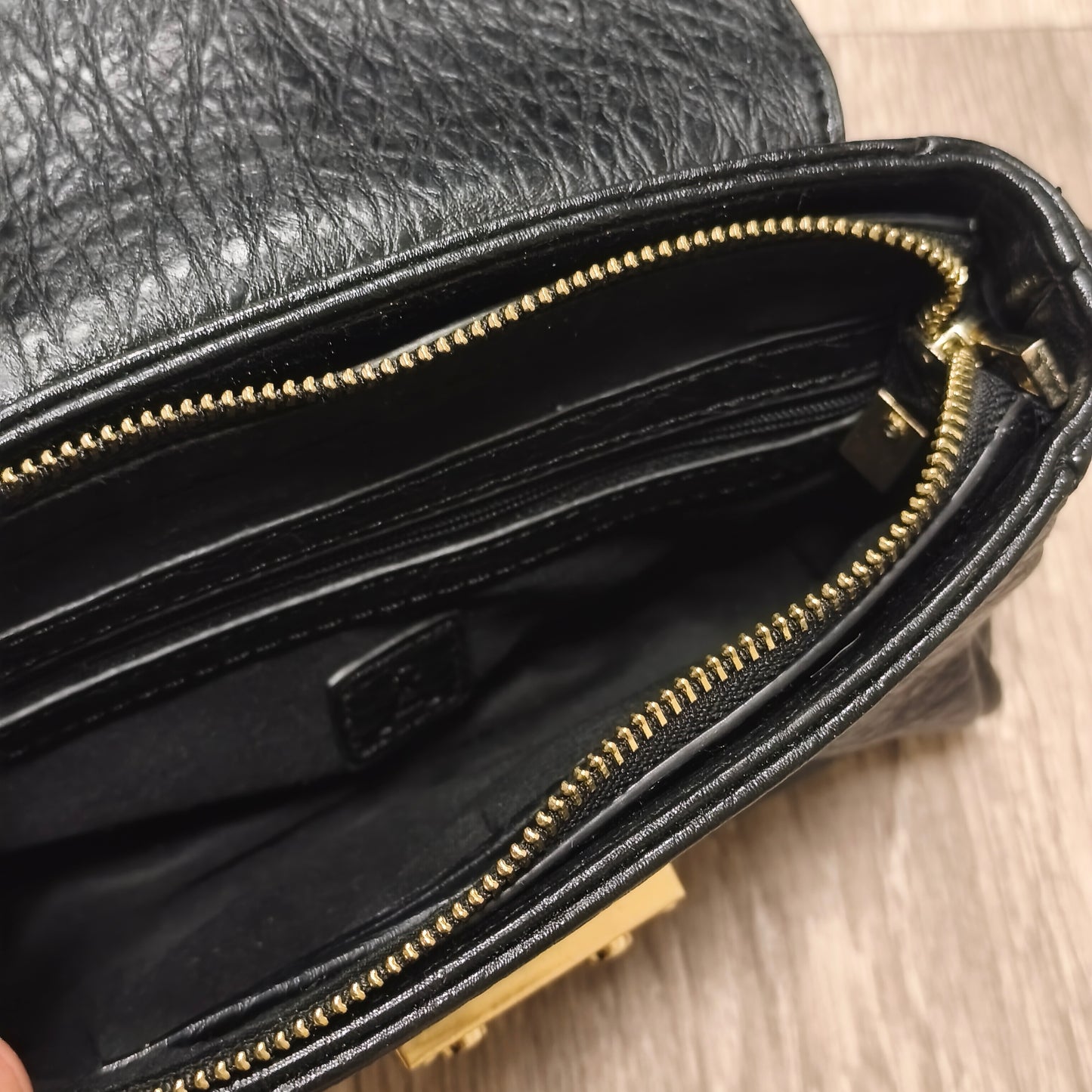 Black Textured Faux Leather Flap Crossbody Shoulder Bag Gold Hardware Lock