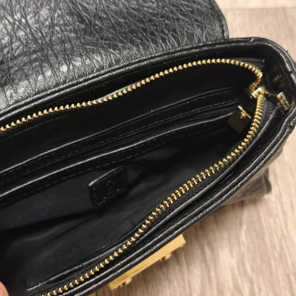 Black Textured Faux Leather Flap Crossbody Shoulder Bag Gold Hardware Lock