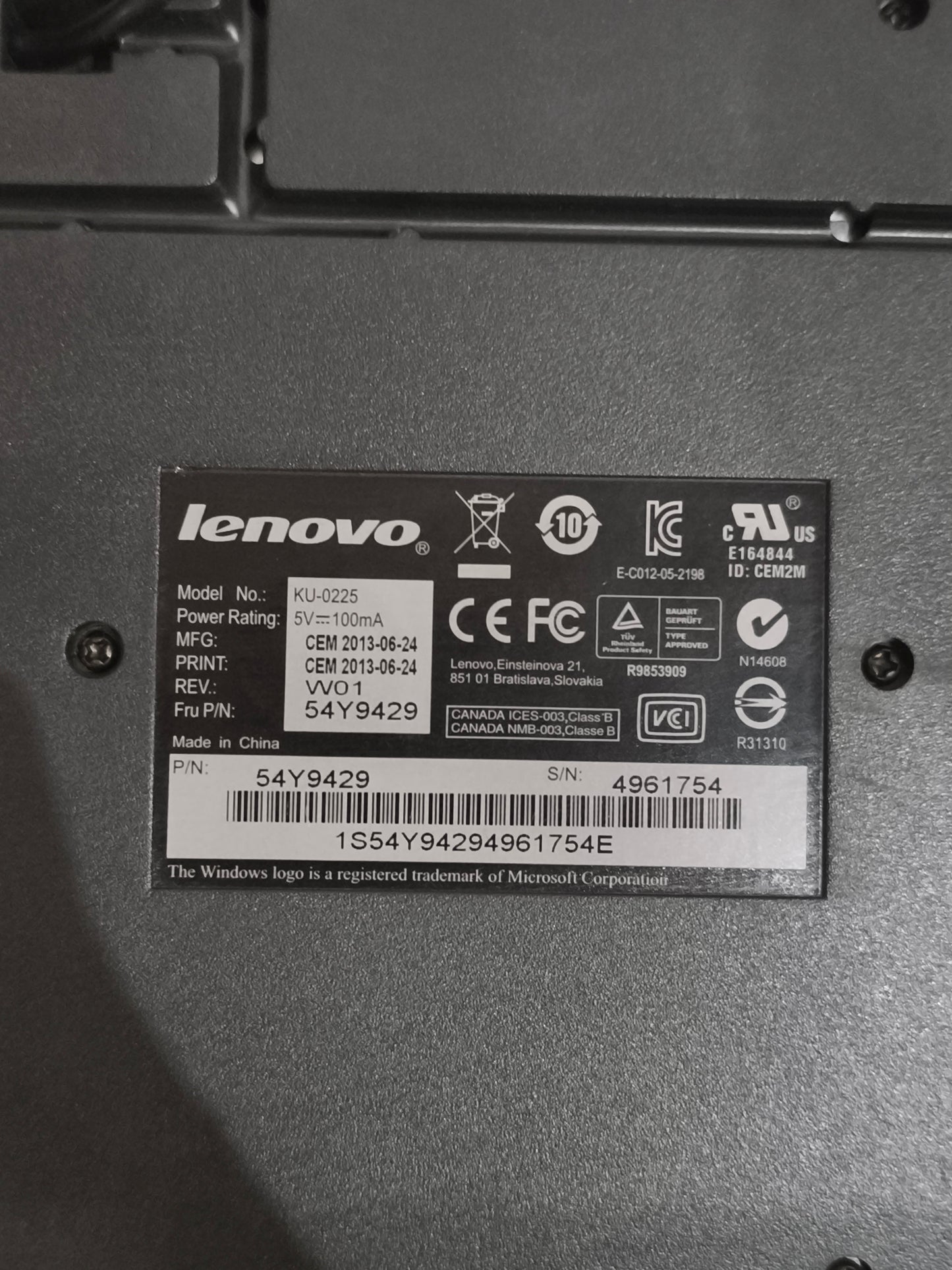 Lenovo KU-0225 USB Wired Keyboard | English/Russian (Cyrillic) Layout | P/N 54Y9429
