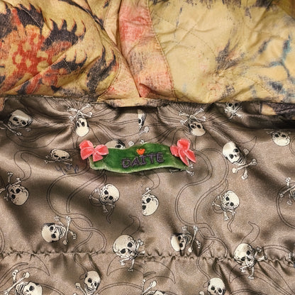 DAITE Womens Hooded Puffer Vest Faux Fur Trim Floral Skull Y2K Size UK 12 EU 38