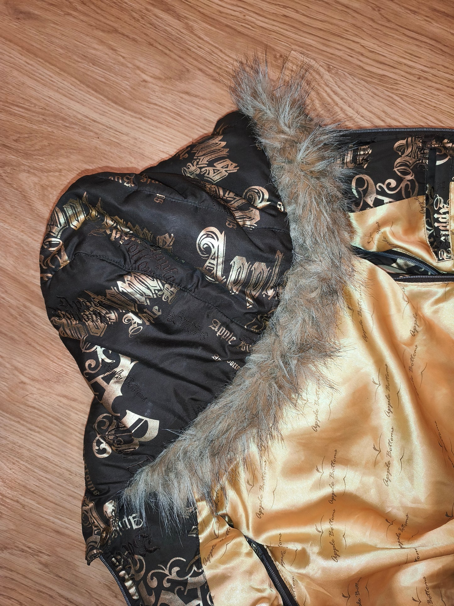 Rare VTG Apple Bottoms Real Down Puffer Vest Black Gold Satin McBling Hooded M