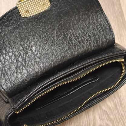 Black Textured Faux Leather Flap Crossbody Shoulder Bag Gold Hardware Lock