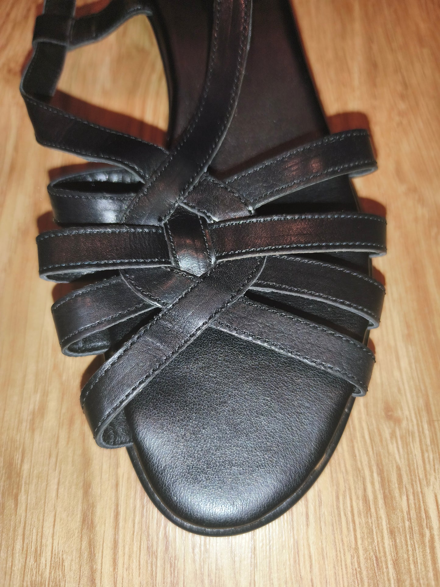 TLC Women's Black Real Leather Strappy Low Wedge Sandals – Size EU 38 / UK 5