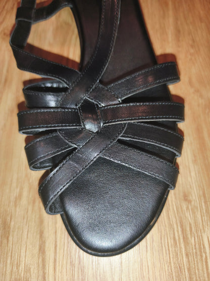 TLC Women's Black Real Leather Strappy Low Wedge Sandals – Size EU 38 / UK 5