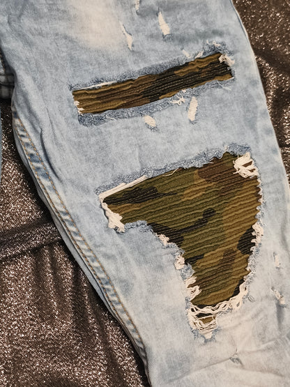 VSCT Jeans DNM Couture Distressed Biker Jeans Light Wash Camo Inlay Mens G31x32