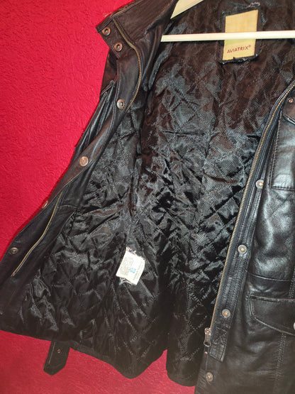 AVIATRIX Genuine Black Leather Belted Utility Jacket Fur Hood | Women's Size XL