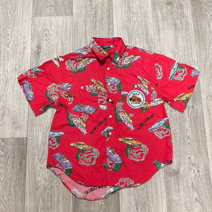 Vintage Casuals Flash Cadillac Car Print Shirt Size M Red SS Patch Personalized