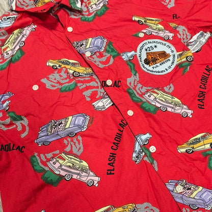 Vintage Casuals Flash Cadillac Car Print Shirt Size M Red SS Patch Personalized