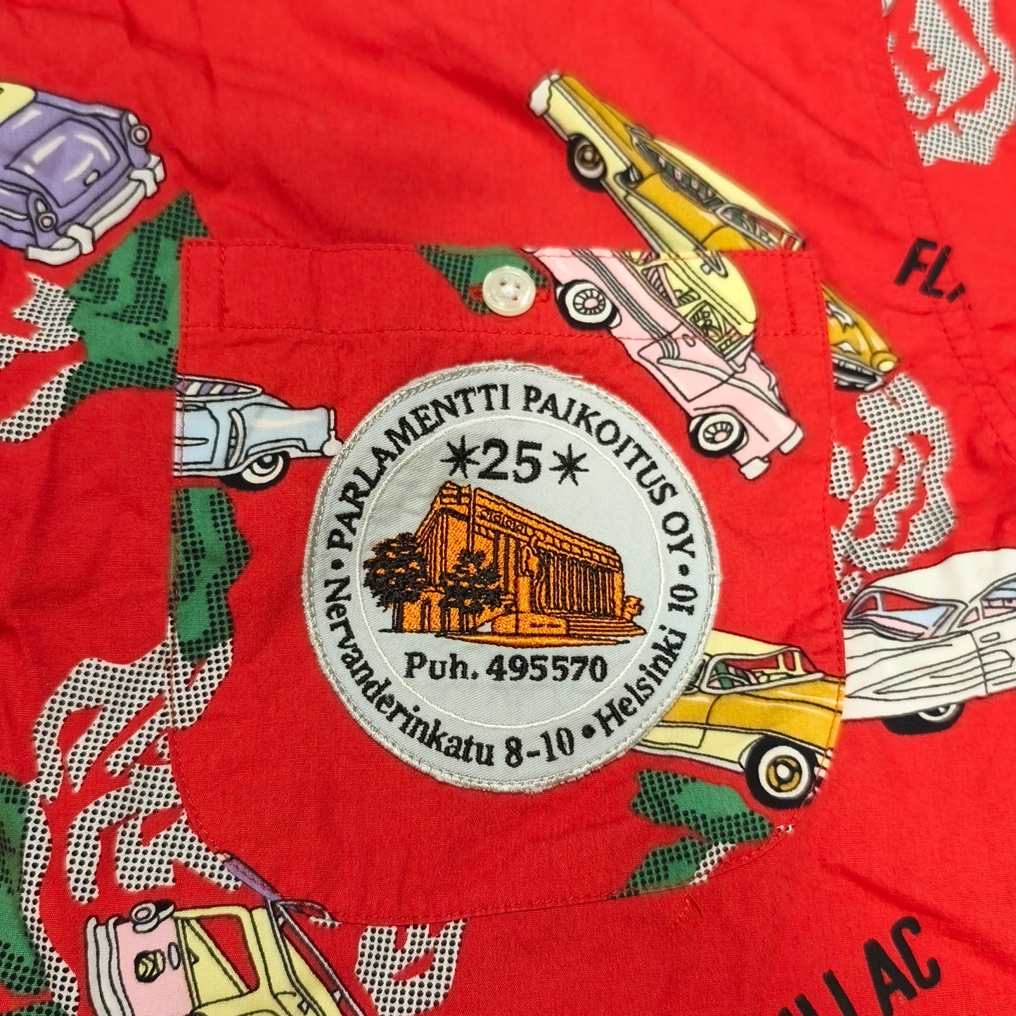 Vintage Casuals Flash Cadillac Car Print Shirt Size M Red SS Patch Personalized
