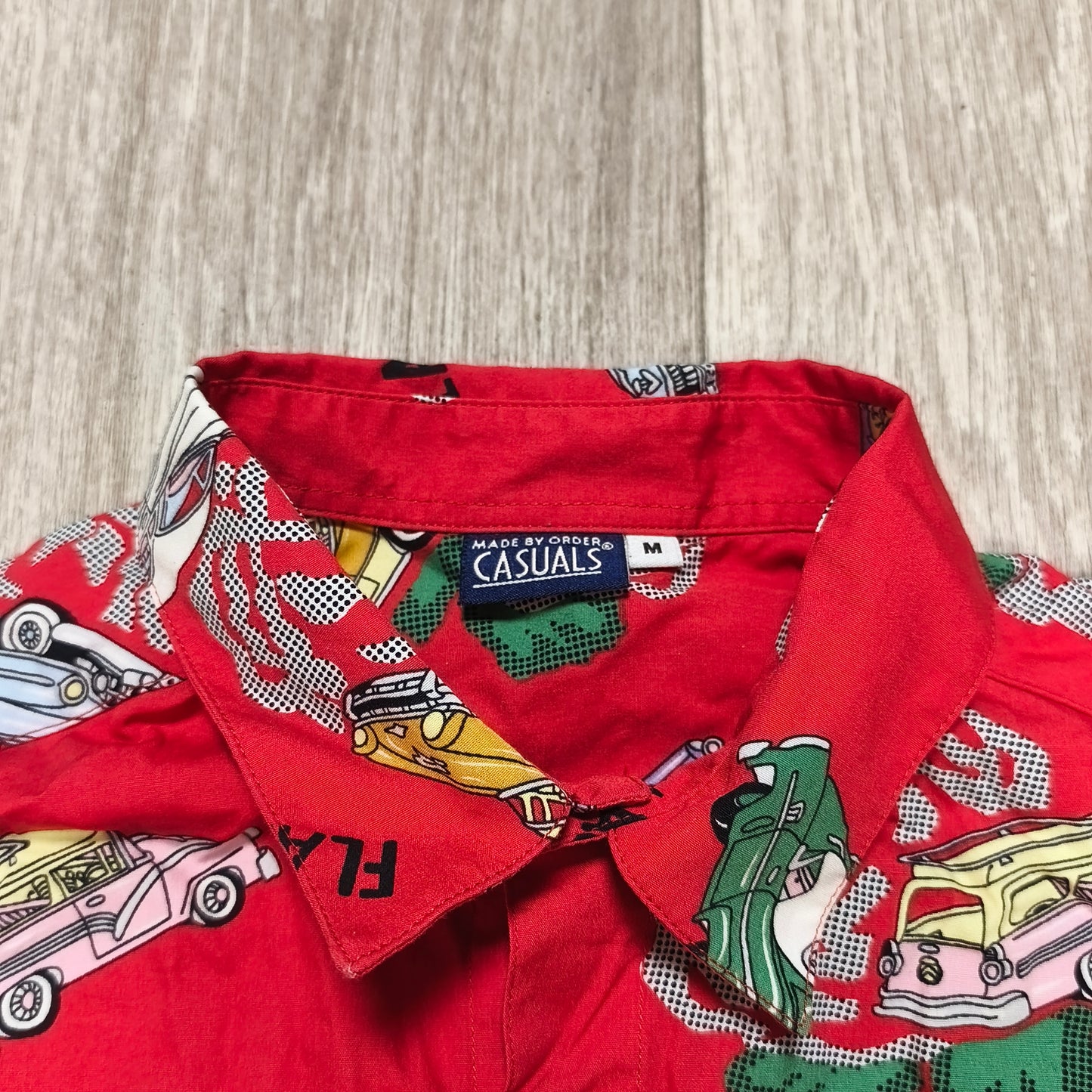 Vintage Casuals Flash Cadillac Car Print Shirt Size M Red SS Patch Personalized