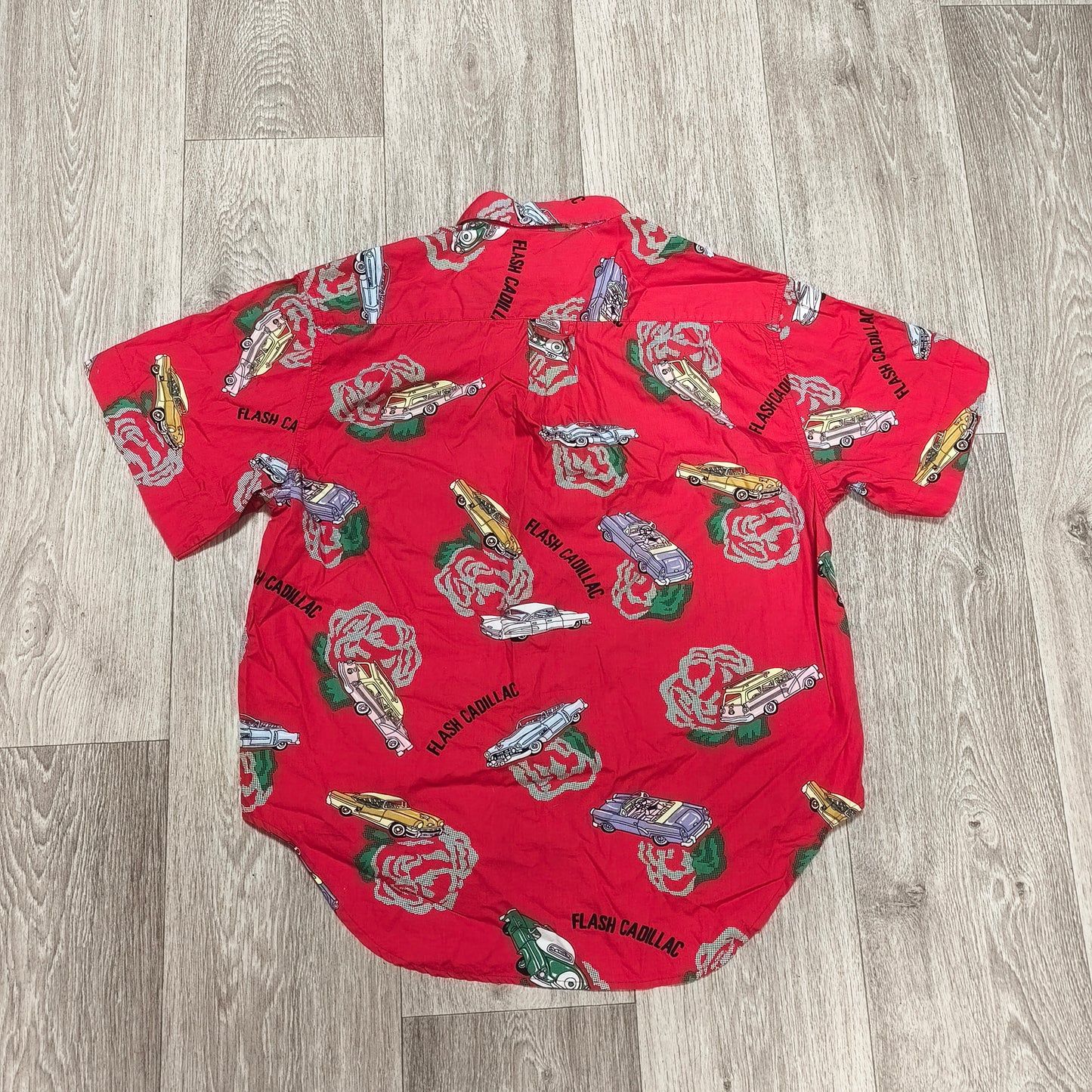 Vintage Casuals Flash Cadillac Car Print Shirt Size M Red SS Patch Personalized